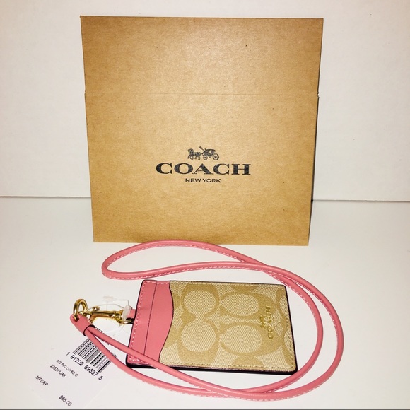 NEW COACH SIGNATURE PVC LANYARD ID CASE KHAKI// ROSE GOLD F63274 $65